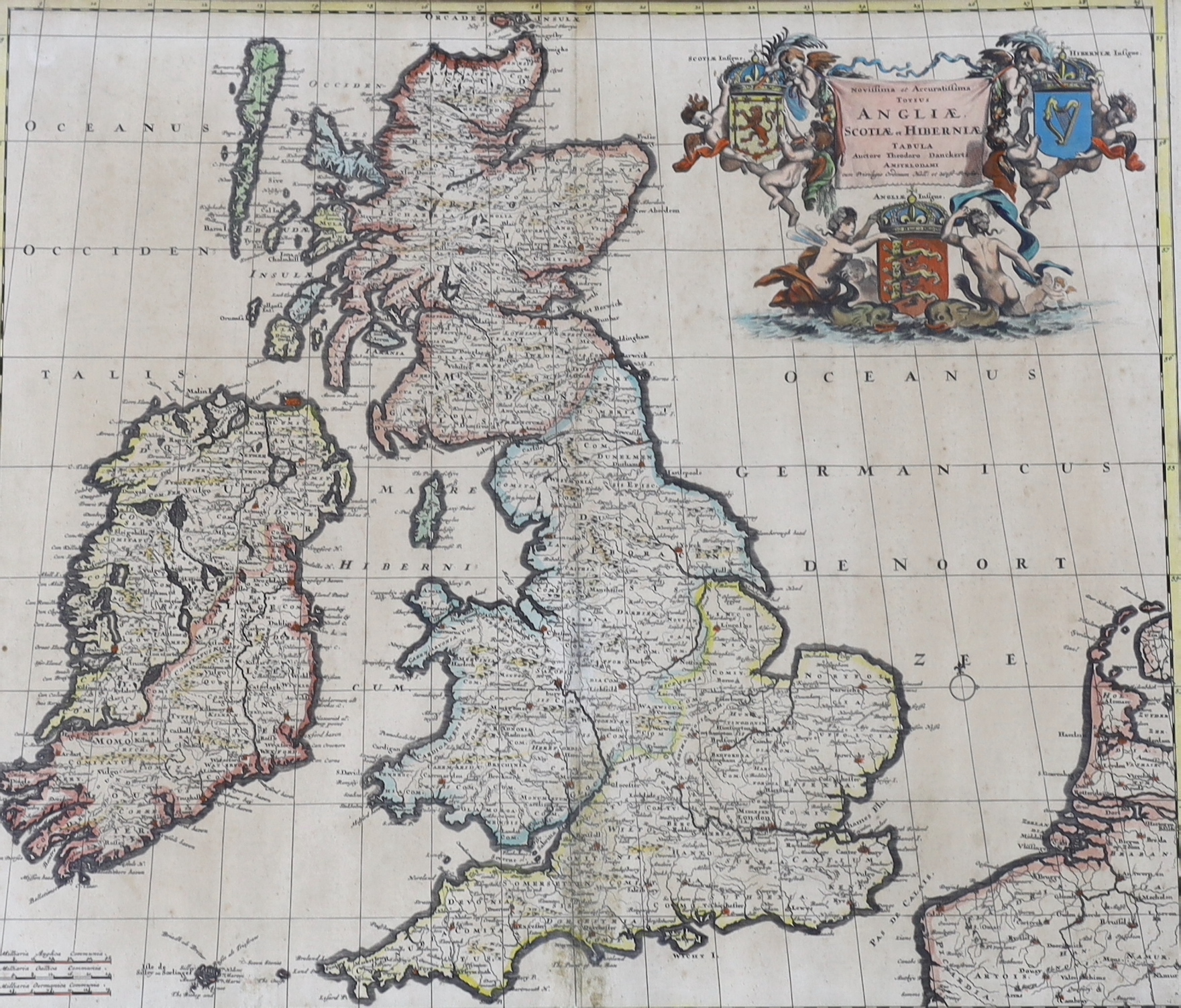 Theodore Danckerts, antique hand coloured engraving, map of the British Isles, publ. Amsterdam, 61 x 50cm